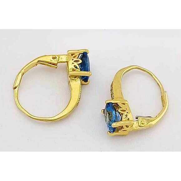 Created 2.14 Cts Blue Zircon & W/Sapphire Earrings 14k Gold Plated (.925) - Picture 4 of 5